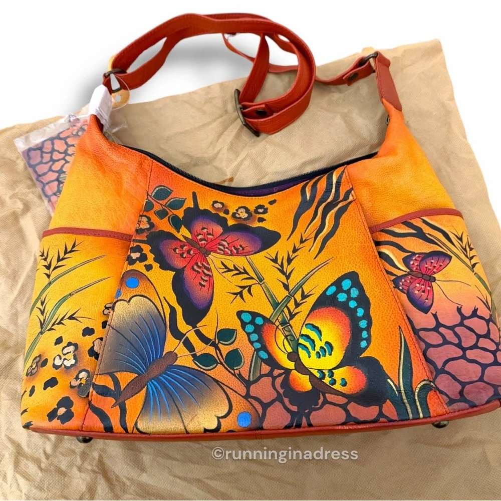 Anuschka Hand-Painted Leather Convertible Hobo Animal Butterfly Print Tangerine